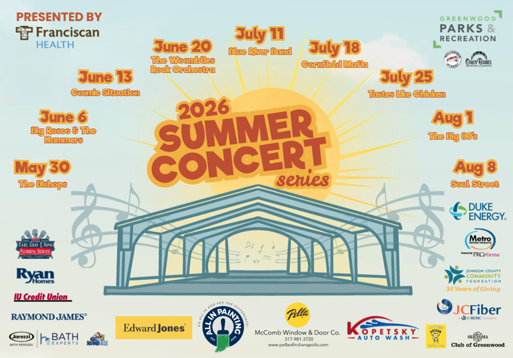 Flyer for the 2026 Greenwood Summer Concert Series at Greenwood Amphitheater in Craig Park, featuring concert dates and performers from May 30 through August 8 with IU Credit Union listed as a sponsor.